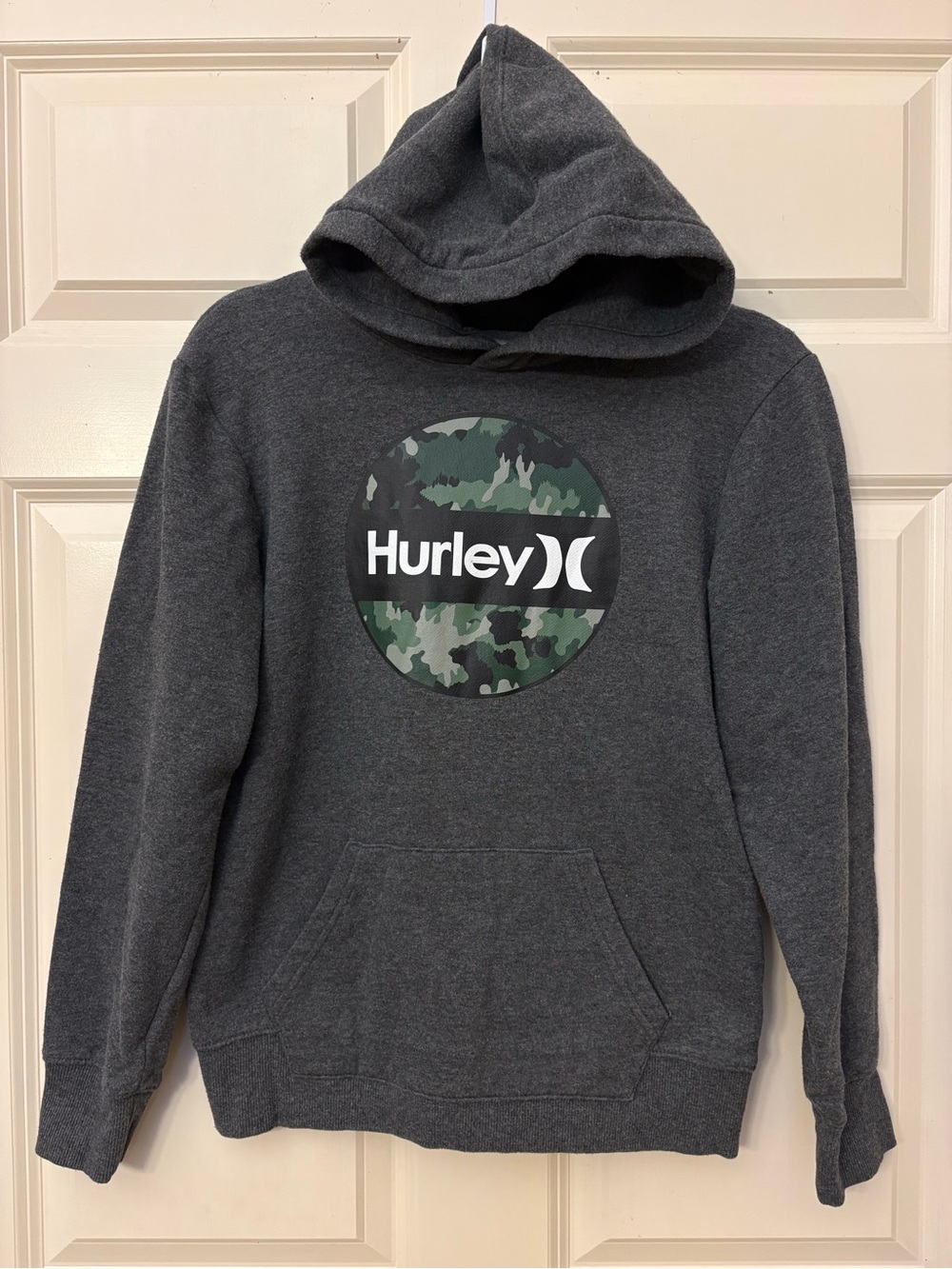 Hurley Boys Charcoal Hoodie with Green Camo Logo Size L (14/16)